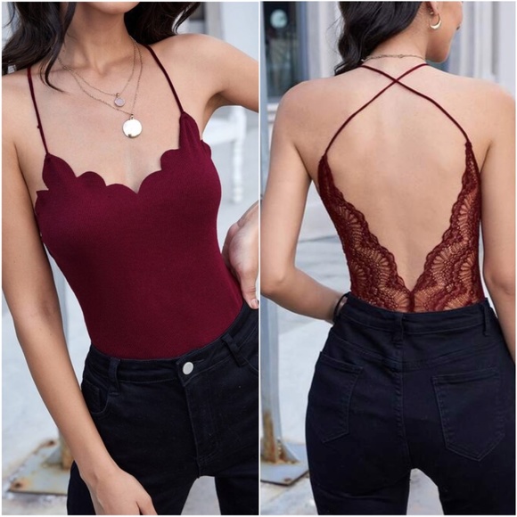 White scallop v neck lace low back cami bodysuit - Picture 2 of 10